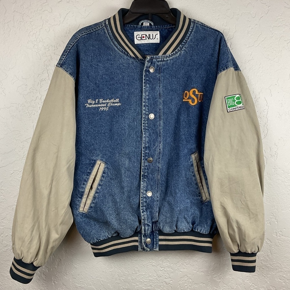 Men’s Vintage 90s Denim Canvas Bomber Style Basketball College Snap Up Coat